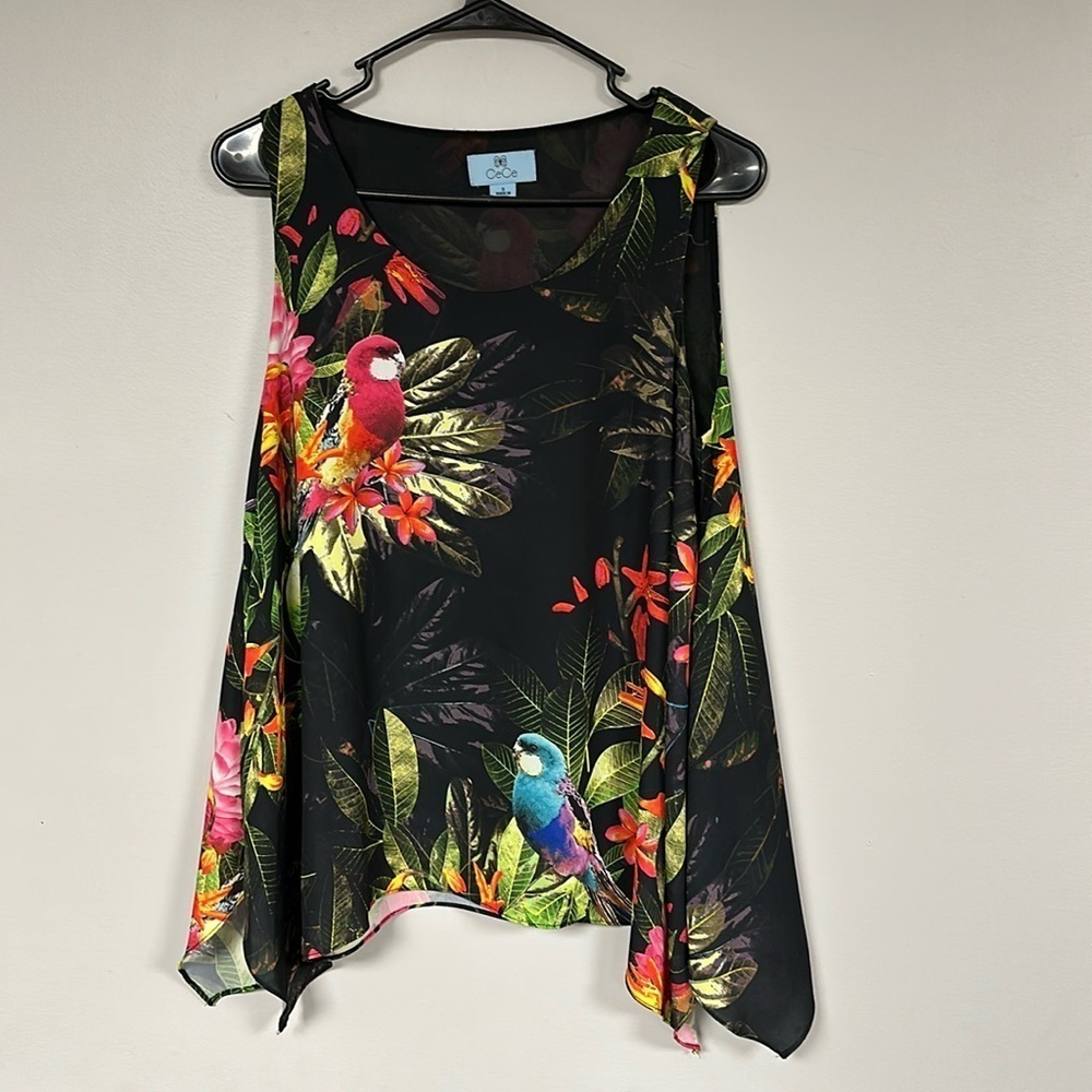 CeCe Beautiful Tropical Floral Parrots Sleeveless Long & Fully Lined Top, S